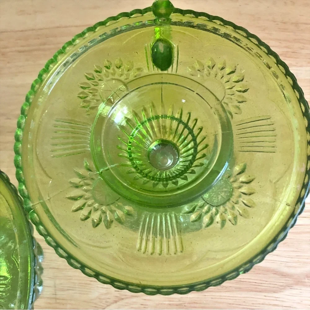 Pier 1 Imports Green Pressed Glass Chambersticks Taper Candlestick Holders Set 2
